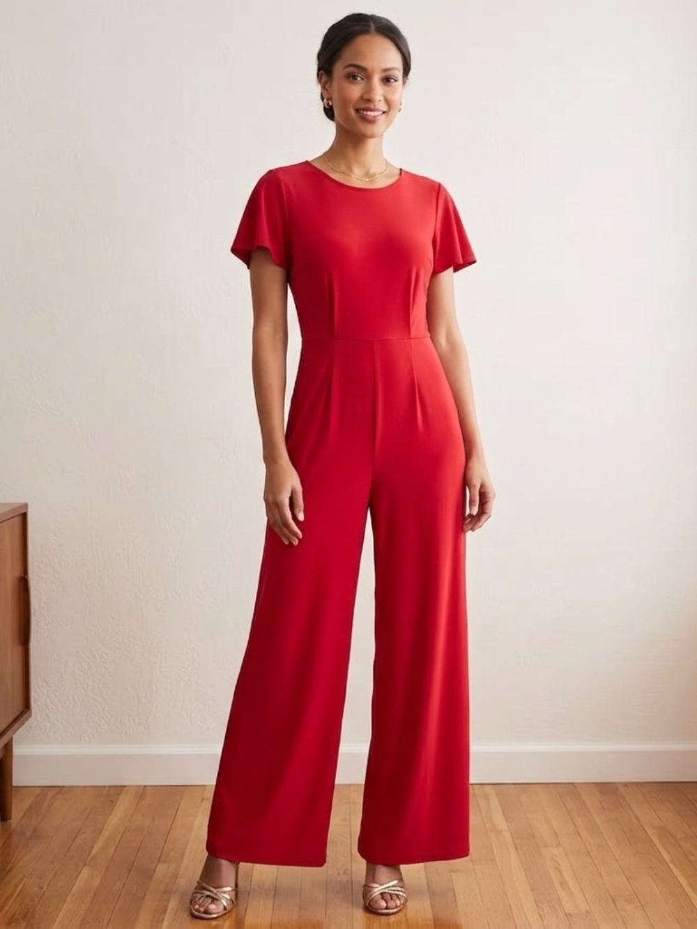 NWT Robbie Bee Women's Vibrant Red Short Sleeve Belted Jumpsuit Wide Leg Size S